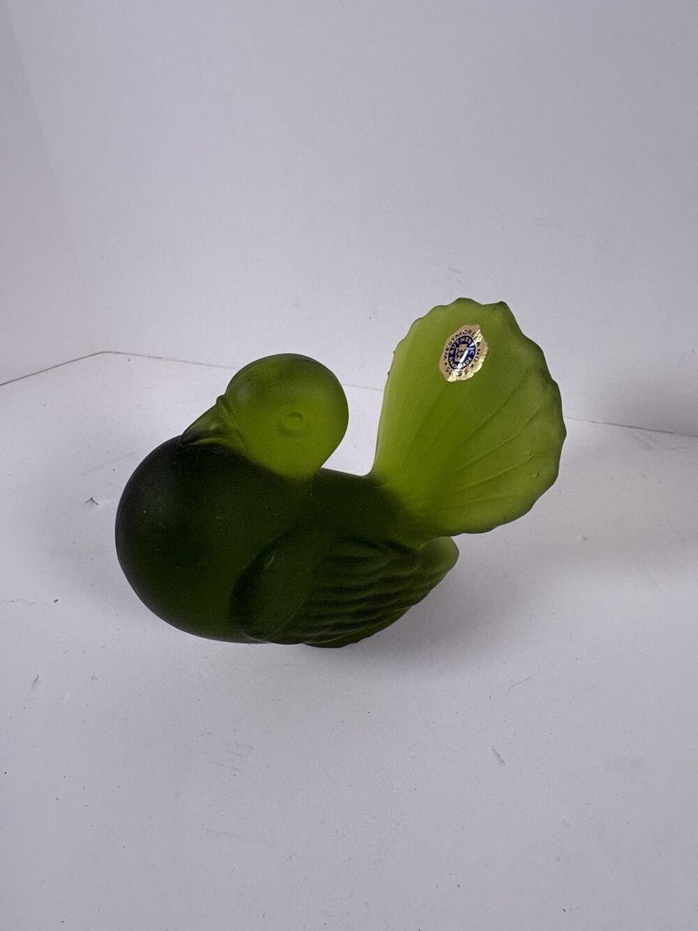 Vintage Westmoreland Green Satin Glass Bird Figurine Original Foil Label 3.5in